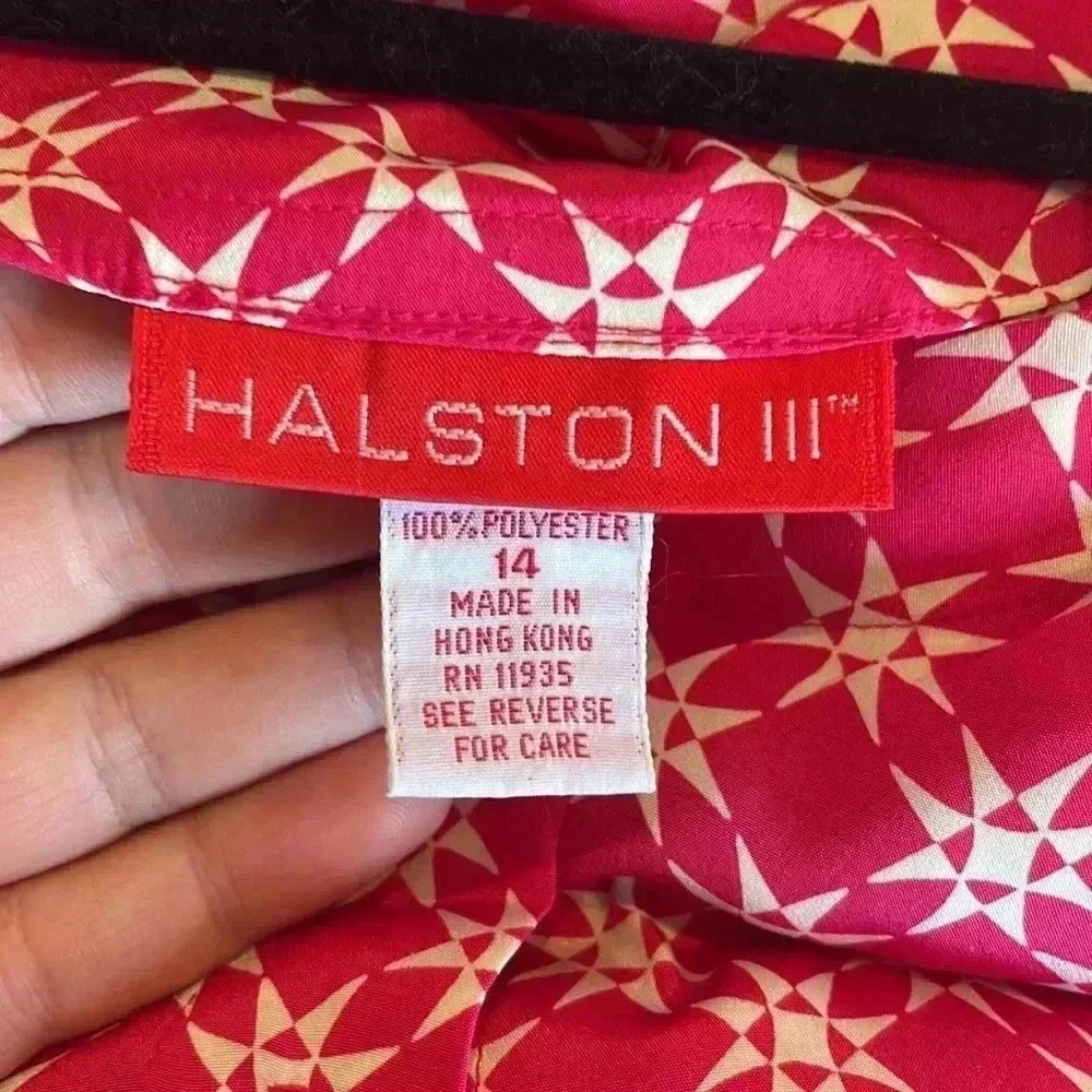 Vtg NWT Halston III Star Print Button Up Maxi Dress Fuchsia Shoulder Pads Sz 14 - Picture 6 of 9